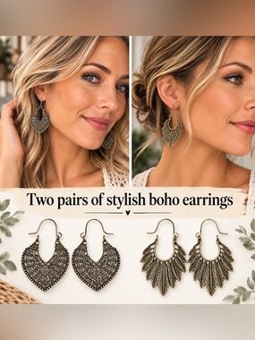 Boho Double-Pair Dangle Earrings - Gold-Tone Heart & Feather Styles